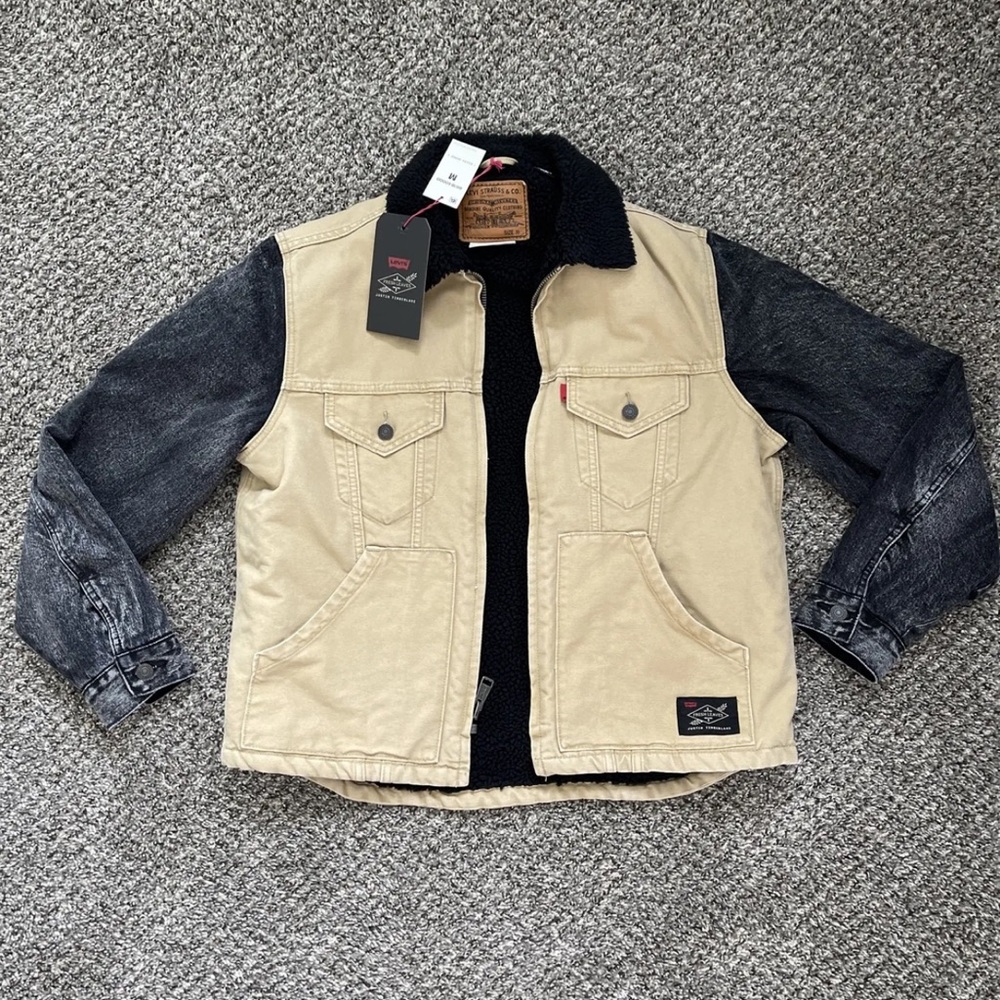 NEW Men LEVIS Justin Timberlake Tan Acid Wash Sherpa Trucker Jacket Medium $148